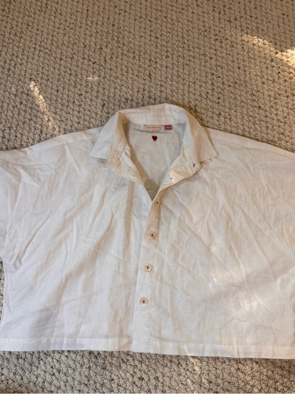 Svrnaa Cotton/Linen White Short-Sleeve Button-Down Shirt with embroidered heart